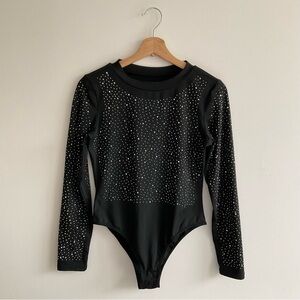 Y2K Rhinestone Sparkle Bodysuit Long Sleeve Black Club Dance M